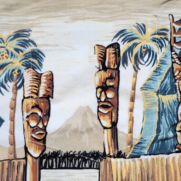 Kalaheo RJC Hawaiian Aloha Shirt Tiki Gods Button Up Large Tan Beige - Picture 5 of 6